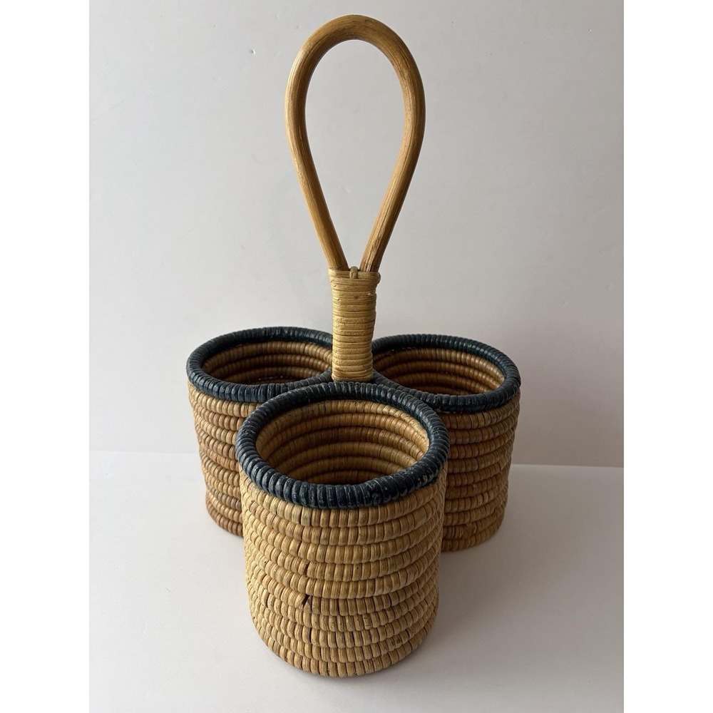 Vintage Woven Rattan 3 Compartment Caddy Basket w Handle Boho